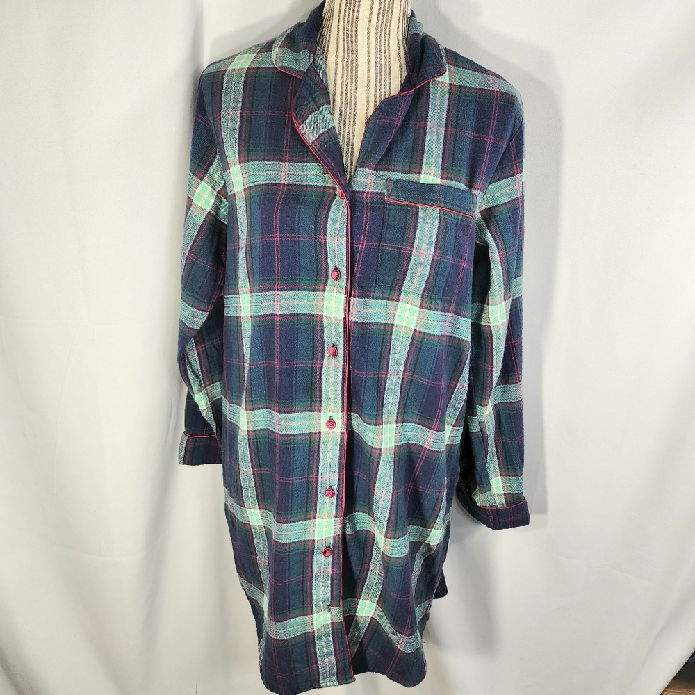 Gilligan & O'Malley Greens Reds Blues & Metallic Plaid Sleepshirt Size Medium